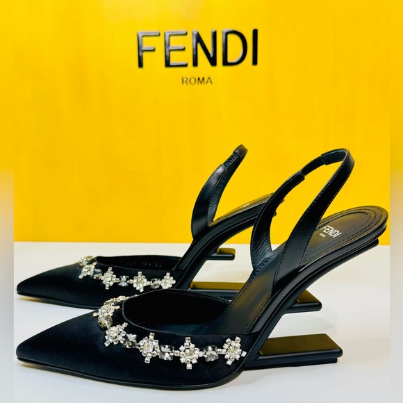 Fendi First Slingback Heels Black Satin With Nero Crystal Size